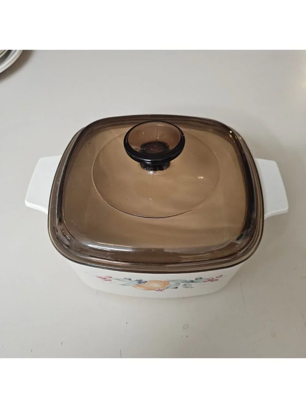 Corelle Abundance Casserole Dish Amber Lid 1.5qt vtg fruit cottage granny core